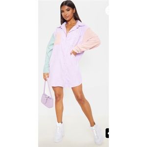 Multi Colour Block Cord Pocket Front Oversized Shirt Dress
